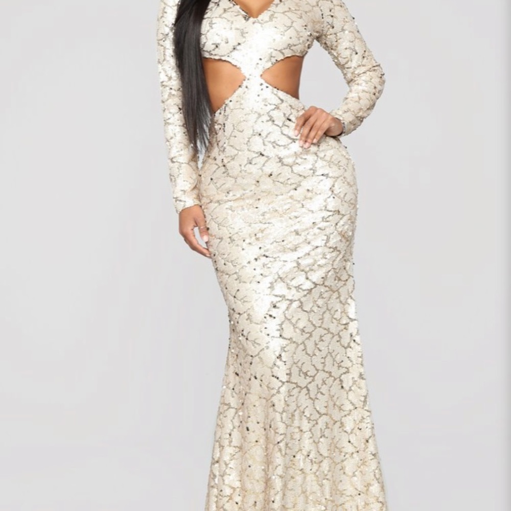 Gold and white sequins gown